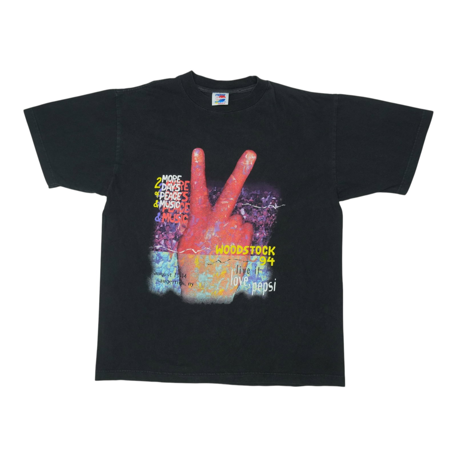Vintage 1994 Woodstock Black Cotton Concert T Shirt with Front and Back Graphics: Vintage 1994 Woodstock Black Cotton Concert T Shirt with Front and Back Graphics This is an original vintage 1994 Woodstock Concert shirt, featuring graphics on both the front and back. Made from 100%