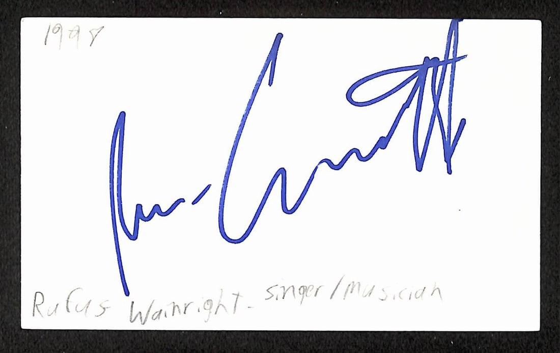 Rufus Wainwright signed 3x5 index card JSA: Rufus Wainwright signed 3x5 index card JSA This is a 3x5 index card autographed by musician Rufus Wainwright. The item is original and comes in pre-owned condition. It is authenticated with JSA certif