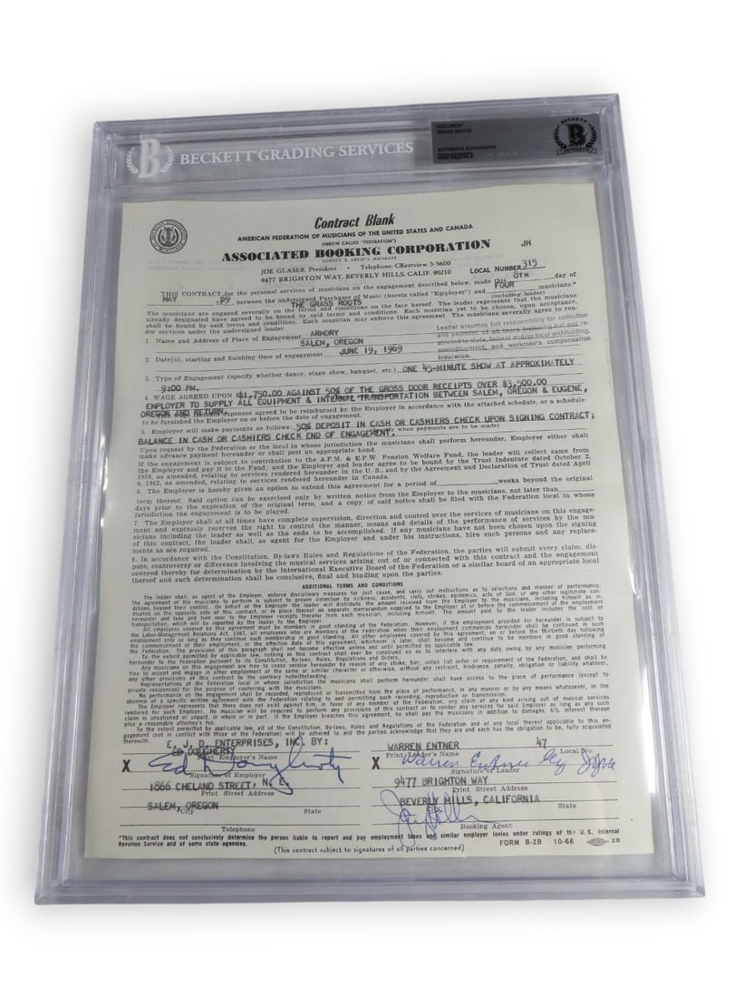 1969 Grass Roots Signed Performance Contract Authenticated by Beckett (1 of 4)