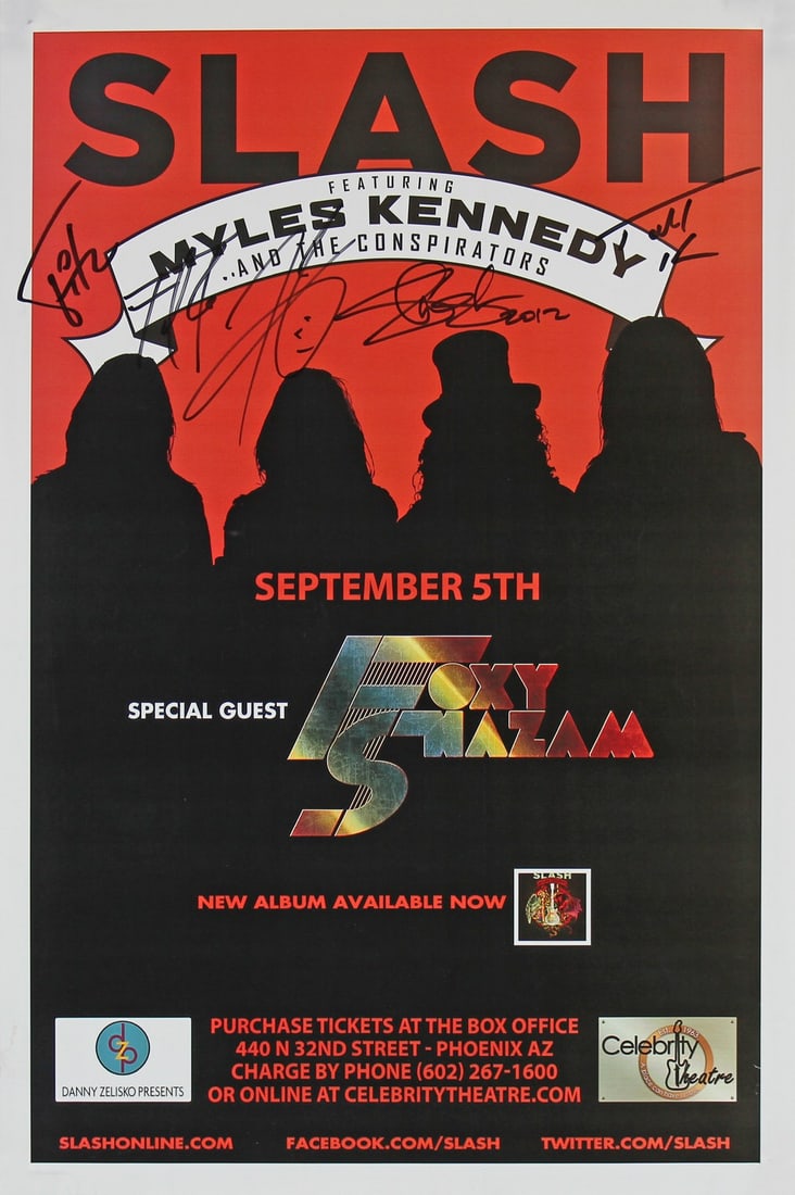 Signed 2012 Concert Poster by Slash Myles Kennedy Kerns Fitz Sidoras with COA: Signed 2012 Concert Poster by Slash Myles Kennedy Kerns Fitz Sidoras with COA This original 11x17 concert poster from 2012 is a unique piece of memorabilia, personally signed by iconic musicians Slash