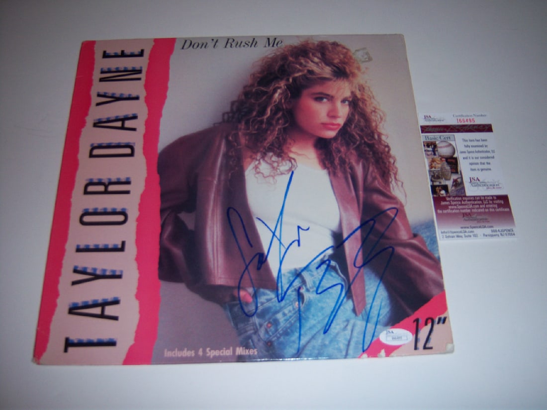 Signed Taylor Dane LP Album With JSA COA Authenticity: Signed Taylor Dane LP Album With JSA COA Authenticity This is an original Taylor Dayne "Don't Rush Me" LP record album, signed and authenticated with a JSA/COA. The album is a pre-owned item from the 