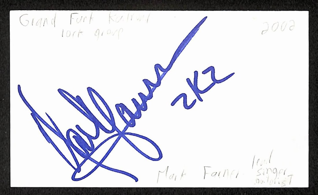 Mark Farner signed 3x5 index card JSA BA209499: Mark Farner signed 3x5 index card JSA BA209499 This is an original 3x5 index card autographed by musician Mark Farner. The signature is authenticated by JSA with certification number BA209499. The ite