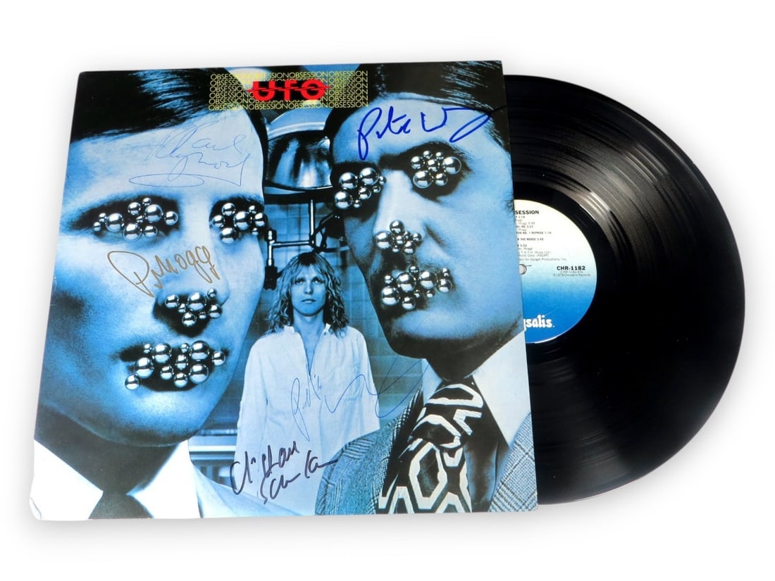 UFO Band Signed Album Cover with Phil Mogg Schenker BAS Authenticated: UFO Band Signed Album Cover with Phil Mogg Schenker BAS Authenticated This is an original UFO Band autographed record album cover featuring signatures from four iconic members: Phil Mogg, Pete Way (wh