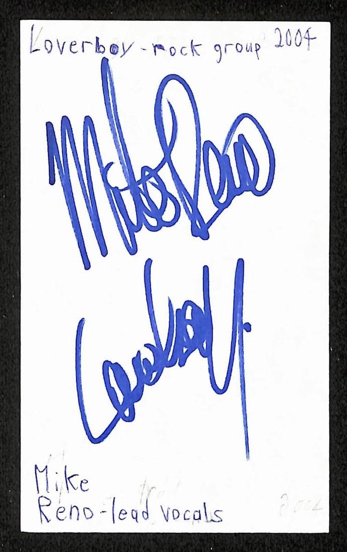 Mike Reno signed 3x5 index card Loverboy JSA: Mike Reno signed 3x5 index card Loverboy JSA This is an original 3x5 index card autographed by Mike Reno of Loverboy. The item has been authenticated by JSA (certification number BA209523) and is in p