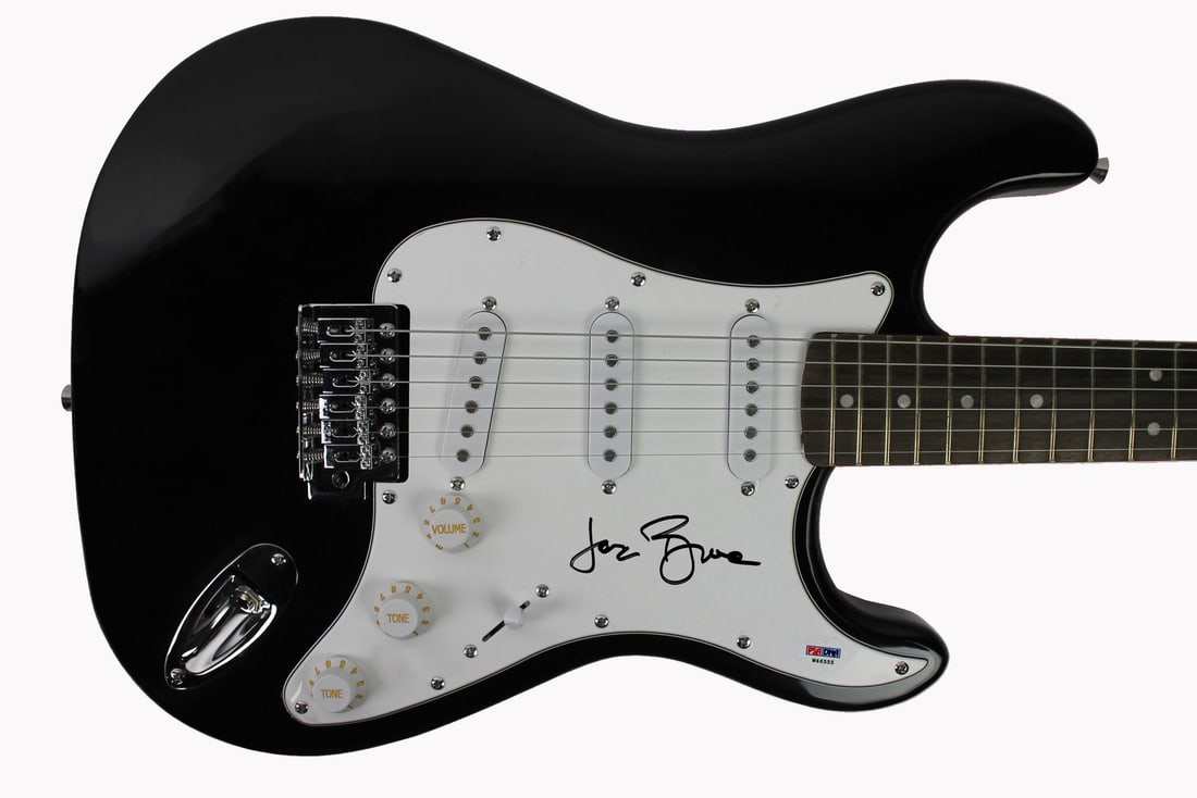 Jack Bruce Cream Signed Black Electric Guitar PSA/DNA Certified: Jack Bruce Cream Signed Black Electric Guitar PSA/DNA Certified This authentic black electric guitar has been personally signed by Jack Bruce, the iconic bassist of the legendary rock band Cream. The 