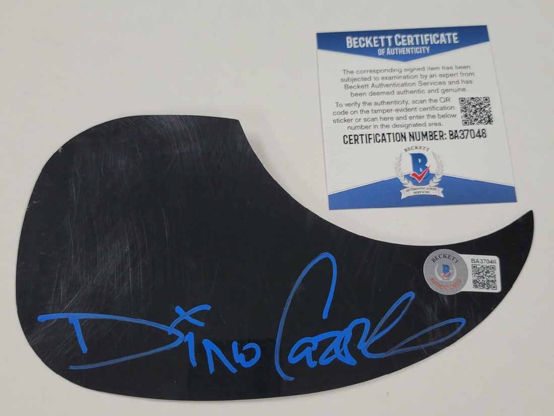 Black Pickguard Autographed by Dino Cazares of Fear Factory BAS Certified: Black Pickguard Autographed by Dino Cazares of Fear Factory BAS Certified This original black guitar pickguard has been signed by Dino Cazares of Fear Factory in blue ink. The autograph is authenticat