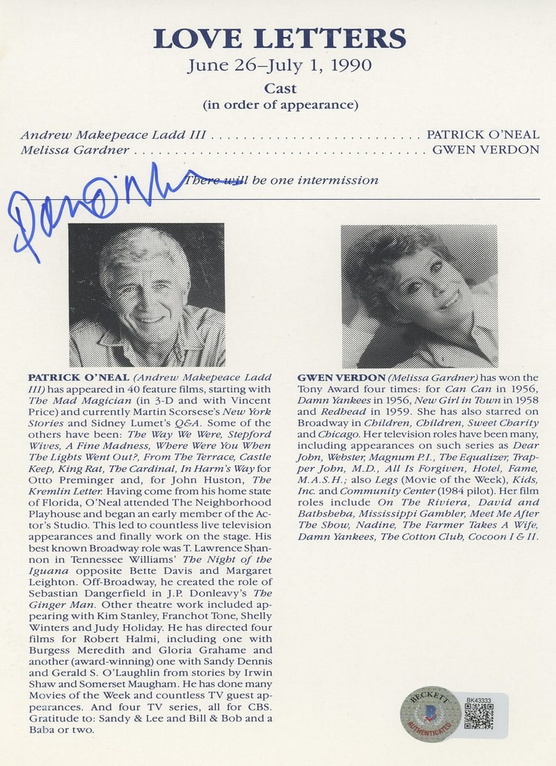 Patrick O'Neal Signed Love Letters Program BAS Authenticated 5.5x8.5 (1 of 3)