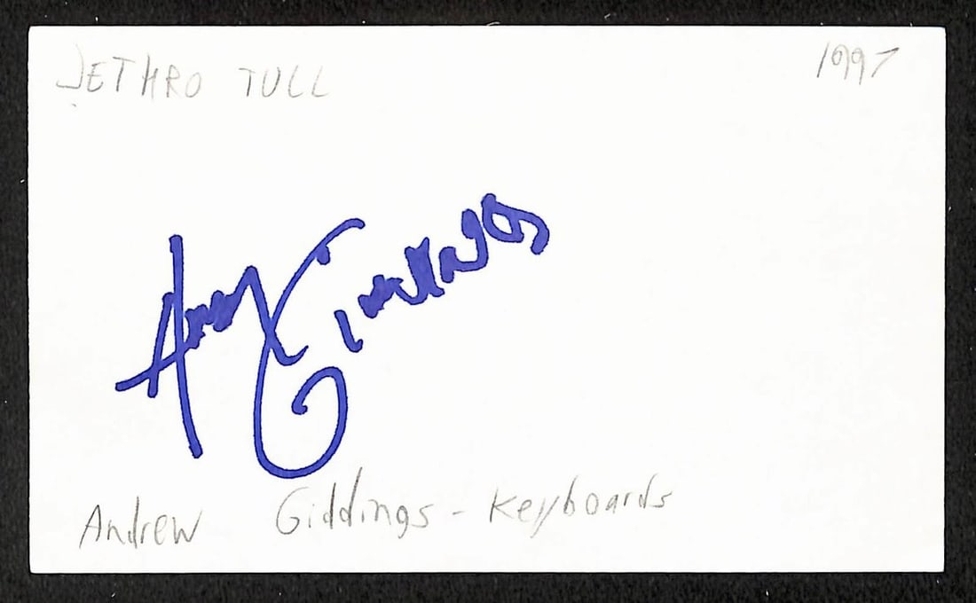 Andrew Giddings signed 3x5 index card JSA: Andrew Giddings signed 3x5 index card JSA This is an original 3x5 index card autographed by Andrew Giddings, known for his association with Jethro Tull. The item comes from the United States and is in