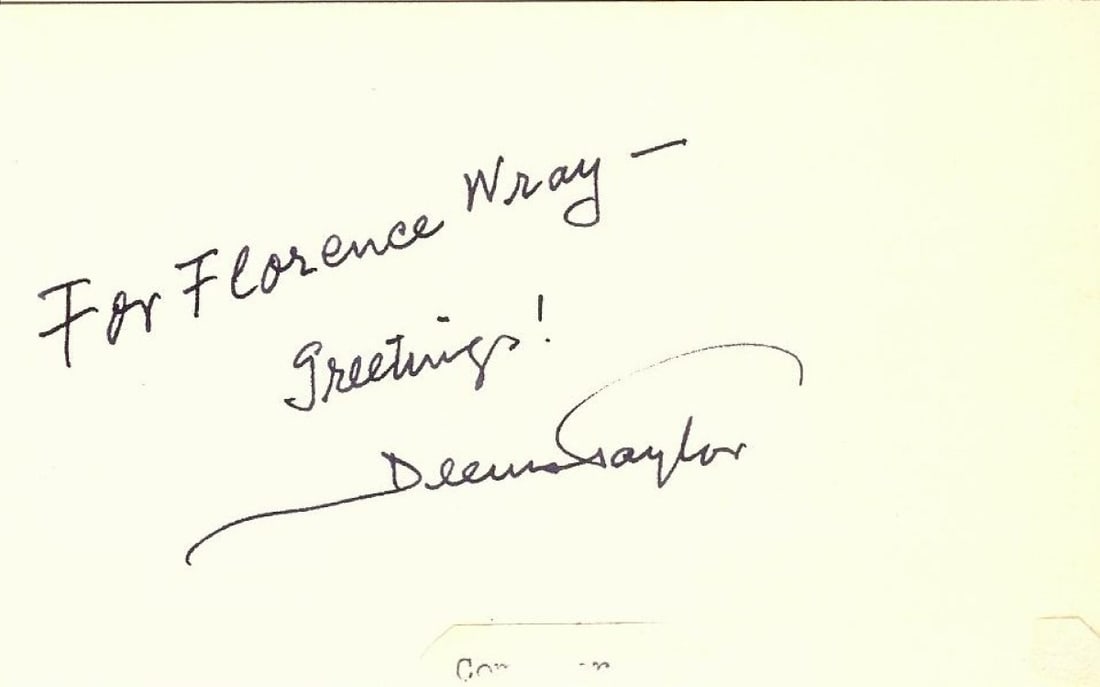 Autographed Index Card by Composer Deems Taylor with JSA Authentication: Autographed Index Card by Composer Deems Taylor with JSA Authentication This index card features the authentic signature of Deems Taylor, the renowned classical music composer. The autograph has been 