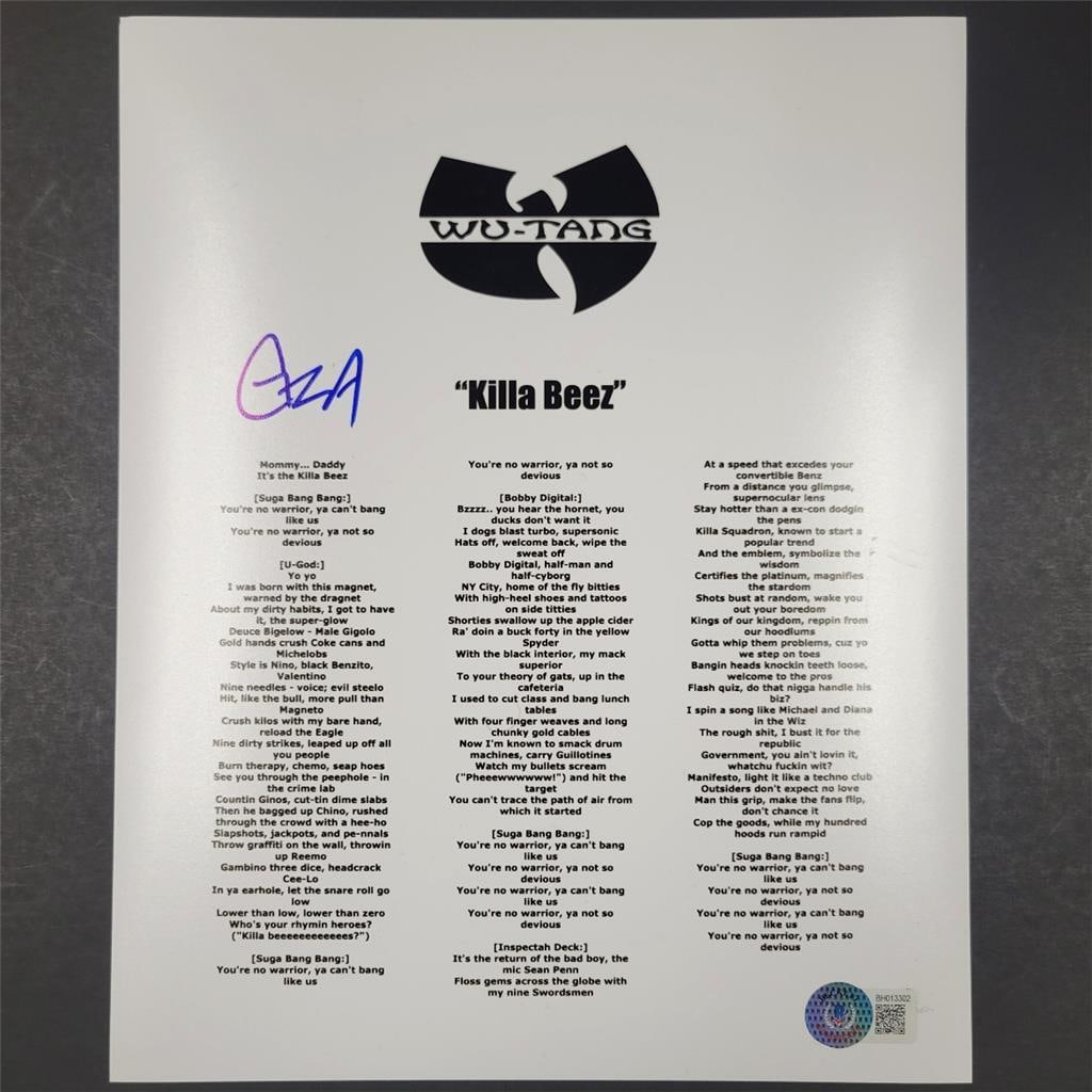 Gza Autographed Killa Beez Lyric Sheet 8x10 Beckett Authenticated: Gza Autographed Killa Beez Lyric Sheet 8x10 Beckett Authenticated This is an original 8x10 lyric sheet titled "Killa Beez" signed by Gza of the Wu Tang Clan. The autograph has been authenticated by Be