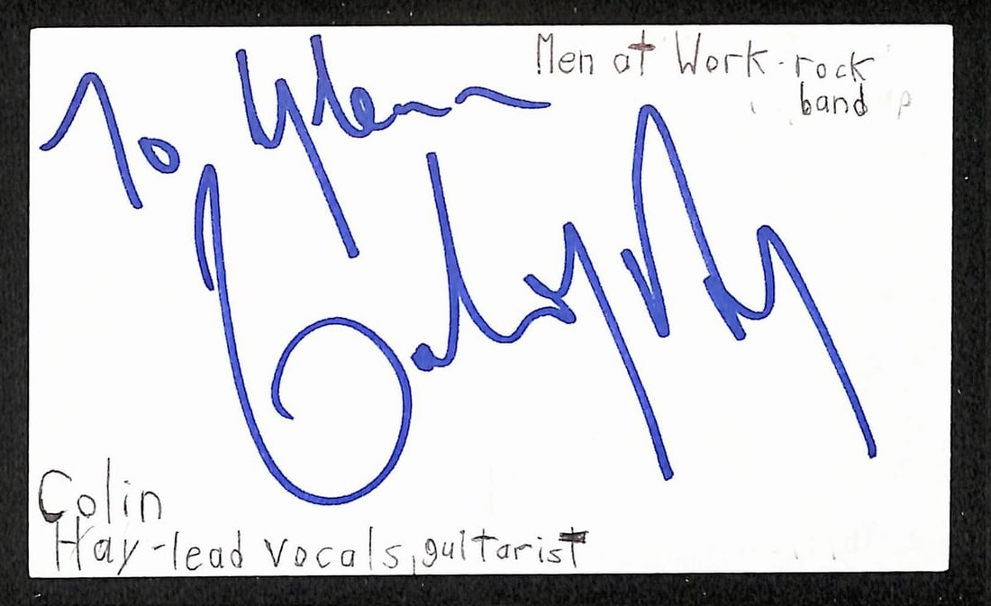 Signed Colin Hay 3x5 Index Card JSA BA209579 Men at Work: Signed Colin Hay 3x5 Index Card JSA BA209579 Men at Work This is a Colin Hay autographed 3x5 index card featuring his signature and associated with Men at Work. The item is an original and comes with 
