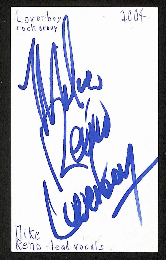 Signed Mike Reno Loverboy 3x5 Index Card JSA BA209522: Signed Mike Reno Loverboy 3x5 Index Card JSA BA209522 This is an original 3x5 index card autographed by Mike Reno of Loverboy. The item comes with authentication by JSA (BA209522). It is in pre-owned 