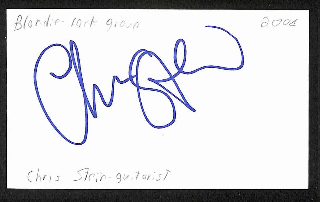 Chris Stein signed Blondie 3x5 index card JSA: Chris Stein signed Blondie 3x5 index card JSA This is an original 3x5 index card autographed by Chris Stein of Blondie. The signed card comes with JSA authentication (BA209496). It is a pre-owned coll