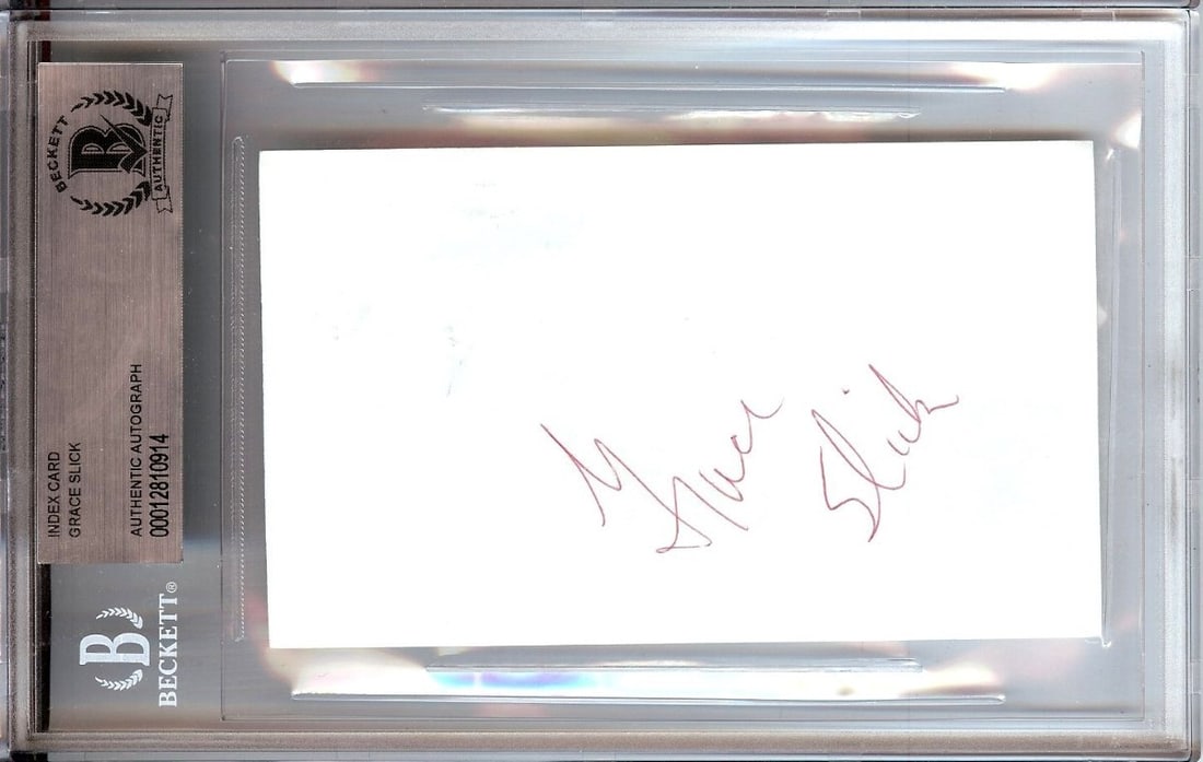 Grace Slick Autographed 3X5 Index Card Jefferson Airplane Beckett Certified: Grace Slick Autographed 3X5 Index Card Jefferson Airplane Beckett Certified This is an authentic 3X5 index card signed by Grace Slick, a prominent member of the rock band Jefferson Airplane. The autog