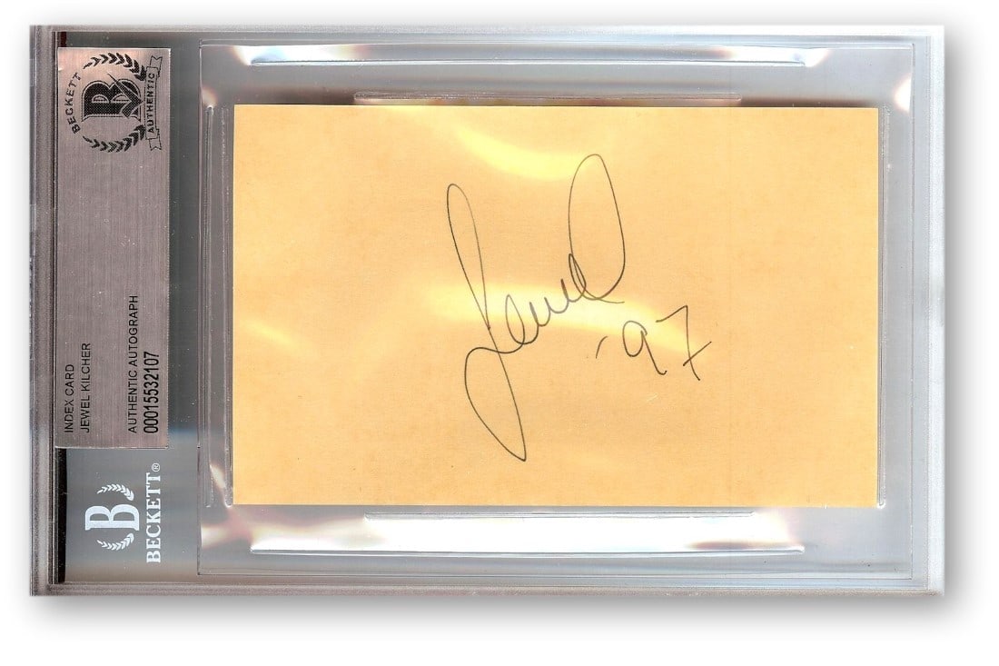 Jewel Kilcher Signed Index Card Beckett Authenticated Collectible: Jewel Kilcher Signed Index Card Beckett Authenticated Collectible This is an authentic autographed index card from pop singer-songwriter Jewel Kilcher, professionally authenticated by Beckett Authenti