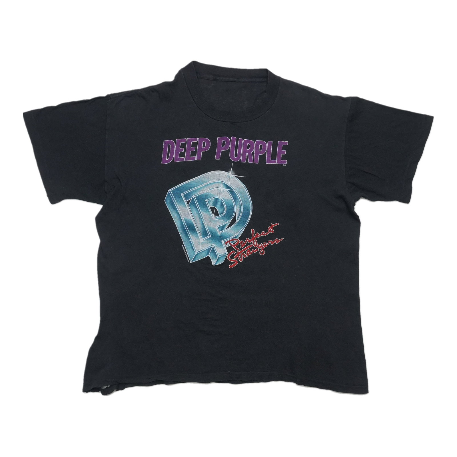 Vintage 1985 Deep Purple concert crew tee black cotton: Vintage 1985 Deep Purple concert crew tee black cotton This is an original vintage 1985 Deep Purple Perfect Strangers Crew Tour Shirt, featuring both front and back graphics. The shirt is made of 100%