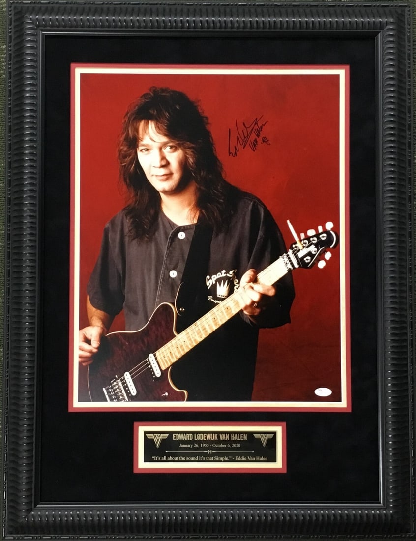 Eddie Van Halen 1997 Signed 16x20 Framed Display with JSA Authentication: Eddie Van Halen 1997 Signed 16x20 Framed Display with JSA Authentication This is an extremely rare, professionally framed display featuring a vintage 1997 signed photograph of the legendary guitarist 