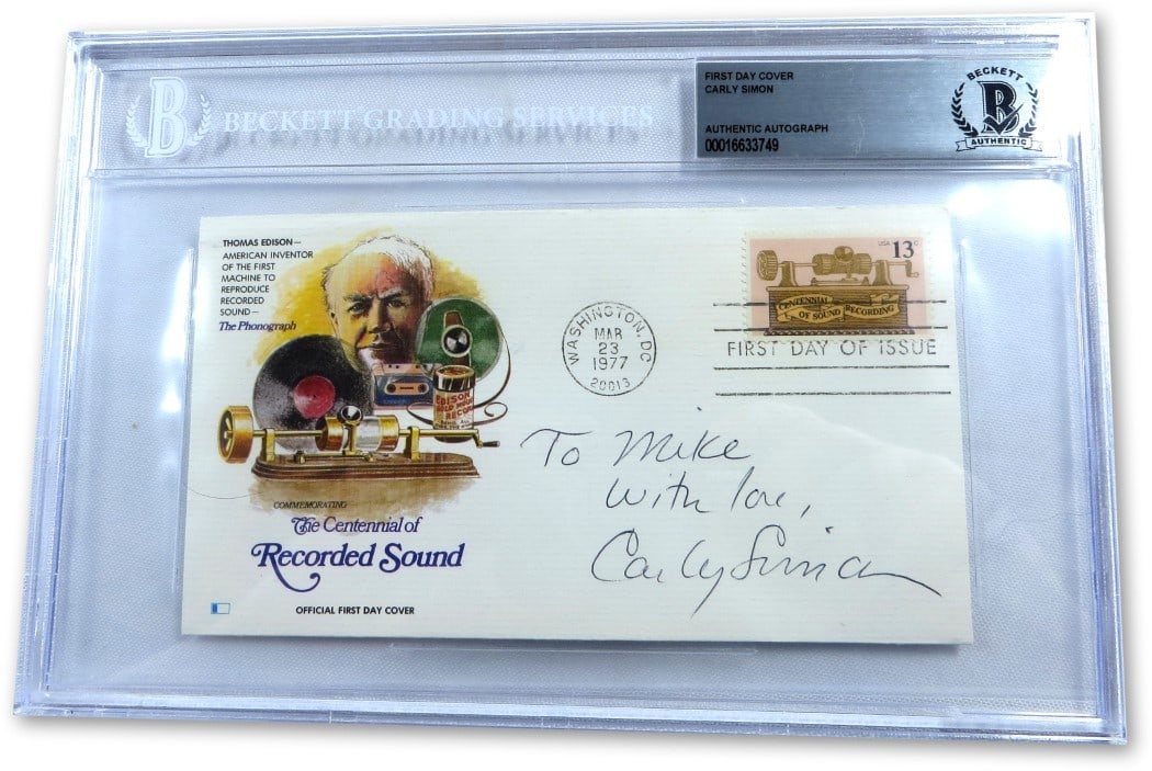 Carly Simon Autographed First Day Cover Beckett Authenticated: Carly Simon Autographed First Day Cover Beckett Authenticated This is a Carly Simon signed autographed First Day Cover, dedicated to Mike. The cover is authenticated by Beckett Authentication and is a