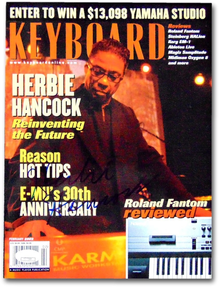 Keyboard Magazine February 2002 Herbie Hancock JSA Authenticated Autograph: Keyboard Magazine February 2002 Herbie Hancock JSA Authenticated Autograph This is a pre-owned February 2002 issue of Keyboard Magazine featuring an authentic autograph by Herbie Hancock. The signatur