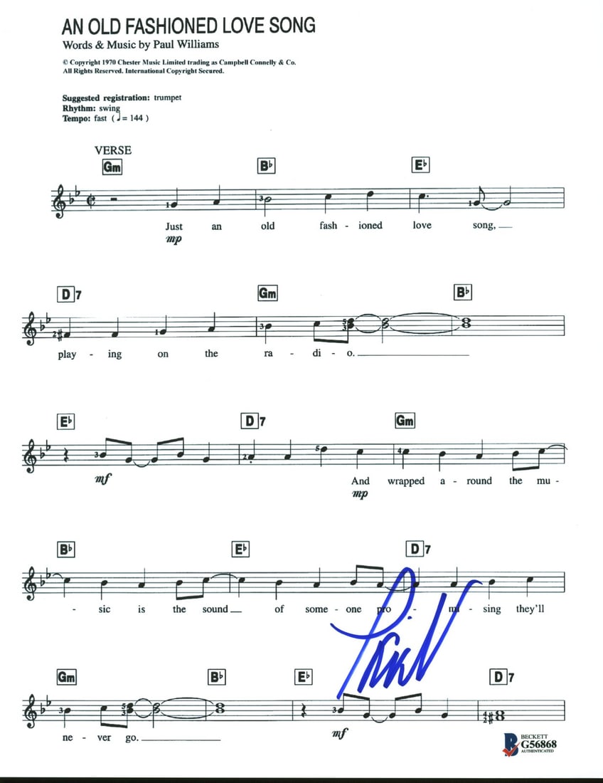 Paul Williams Autographed 8x10 Music Sheet An Old Fashioned Love Song BAS G56868: Paul Williams Autographed 8x10 Music Sheet An Old Fashioned Love Song BAS G56868 This authentic 8x10 music sheet features the signature of Paul Williams, renowned for his work on "An Old Fashioned Lov