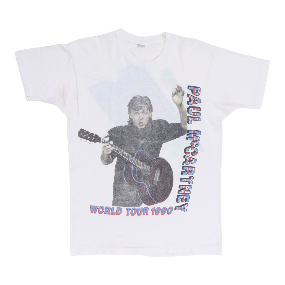 Vintage 1990 Paul McCartney Concert Tour White Cotton T-Shirt: Vintage 1990 Paul McCartney Concert Tour White Cotton T-Shirt This is an original vintage 1990 Paul McCartney World Tour shirt, featuring graphics on both the front and back. The shirt is made from