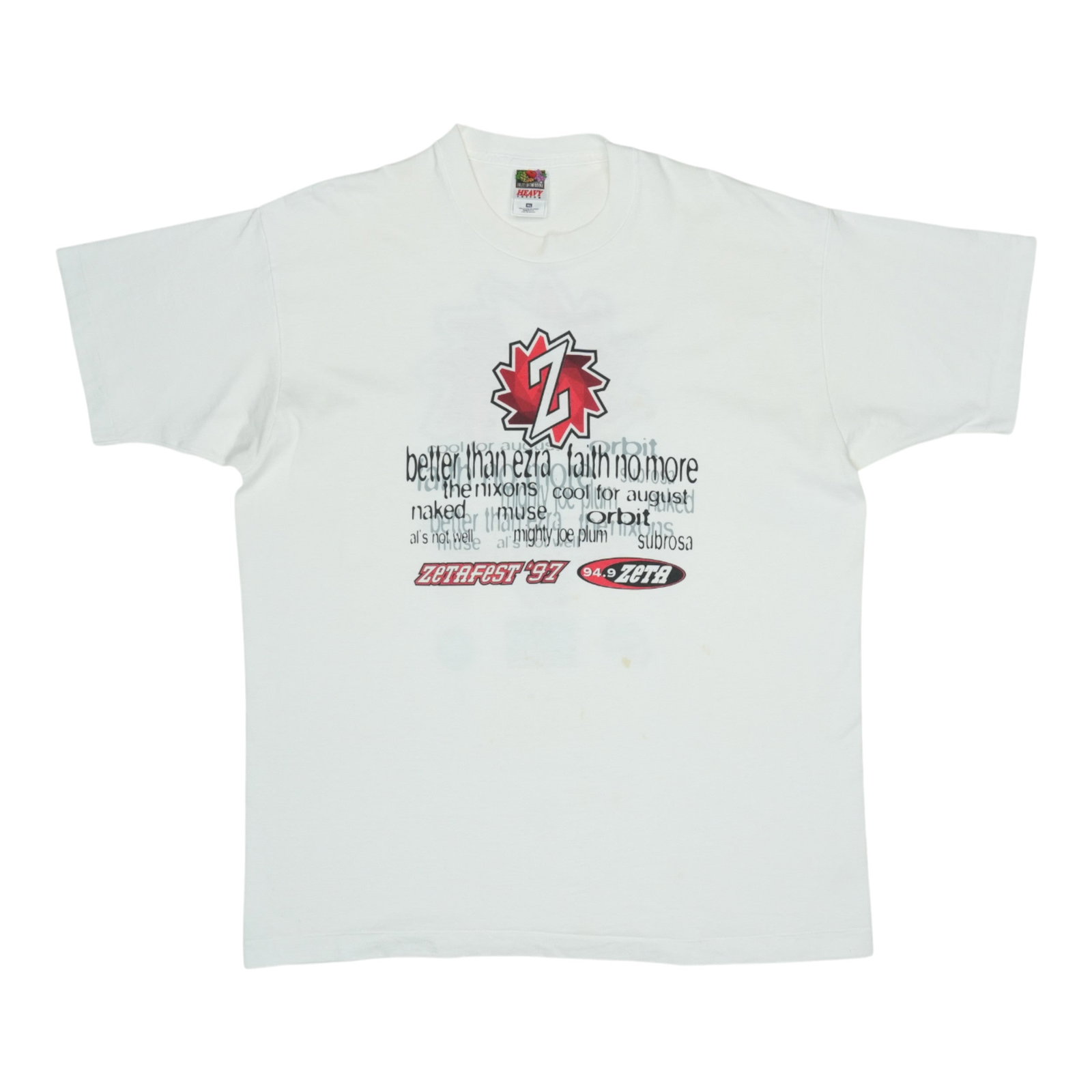 Vintage 1997 Zetafest Concert White Cotton T-Shirt Extra Large: Vintage 1997 Zetafest Concert White Cotton T-Shirt Extra Large This is an original vintage 1997 Zetafest Music Festival shirt featuring graphics on both the front and back. The shirt is made from 100%