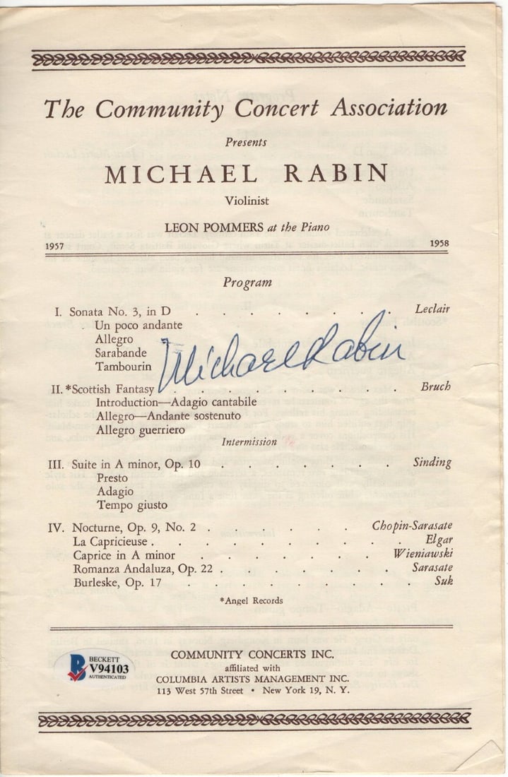 Beckett Authenticated Michael Rabin Concert Program Signed (1 of 2)