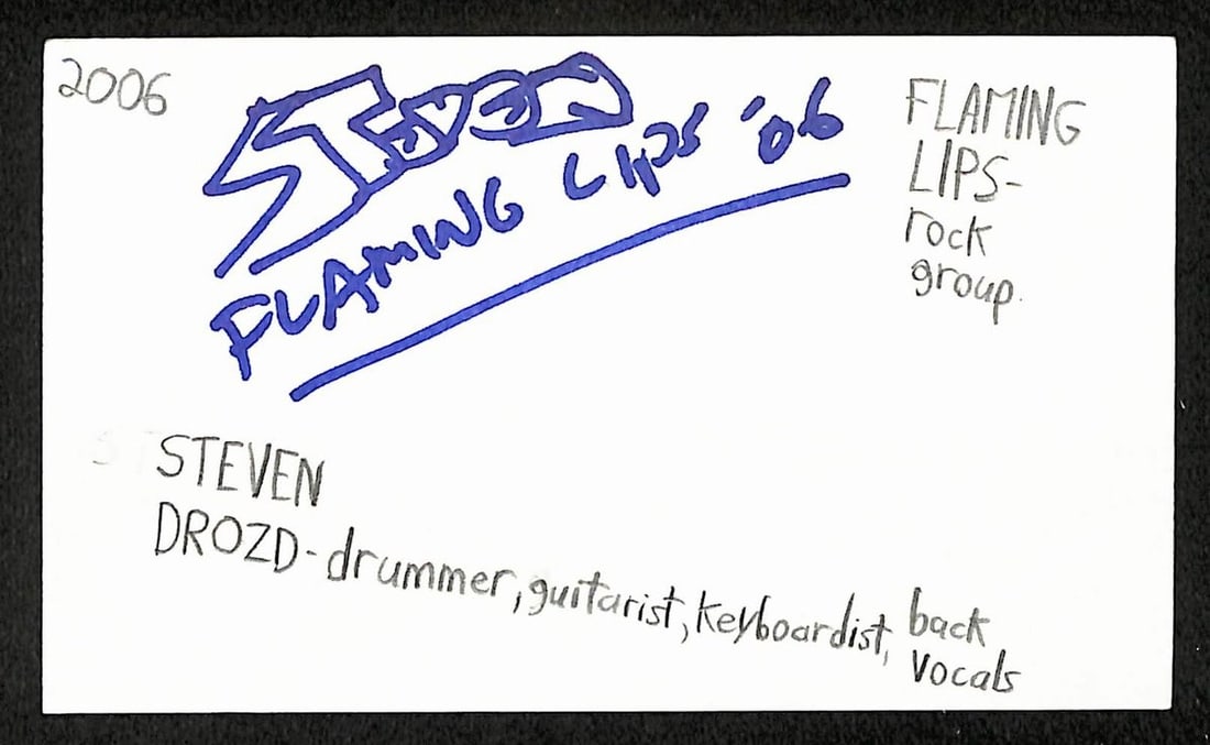 Steven Drozd signed 3x5 index card JSA: Steven Drozd signed 3x5 index card JSA This is an original 3x5 index card autographed by musician Steven Drozd. The signed card comes with authentication from JSA (BA209473). It is a pre-owned collect