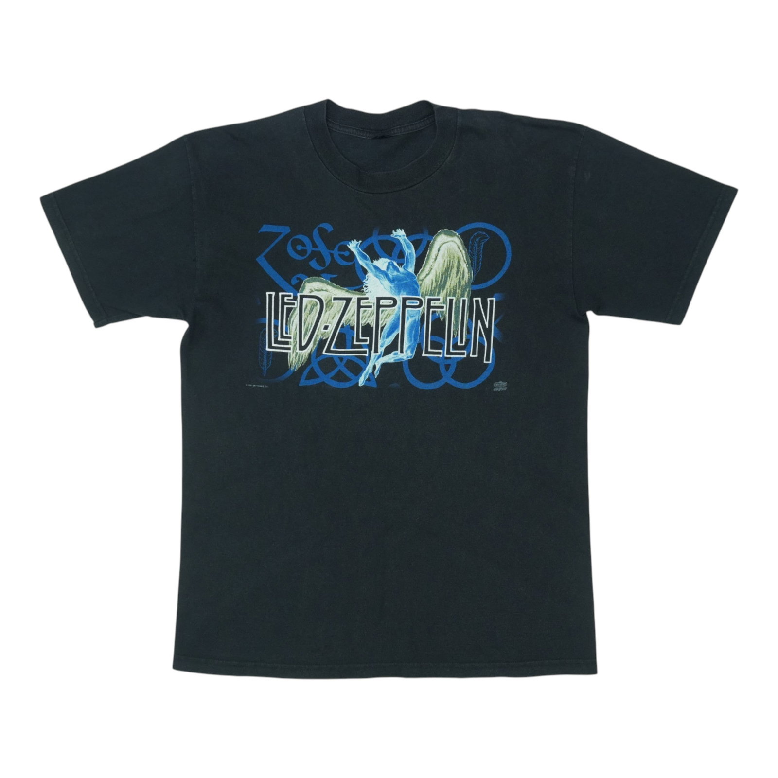Vintage 1995 Led Zeppelin Swan Song Black Cotton T-Shirt: Vintage 1995 Led Zeppelin Swan Song Black Cotton T-Shirt This is an original vintage Led Zeppelin Swan Song shirt from 1995, featuring both front and back graphics. The shirt is made of 100% cotton, c