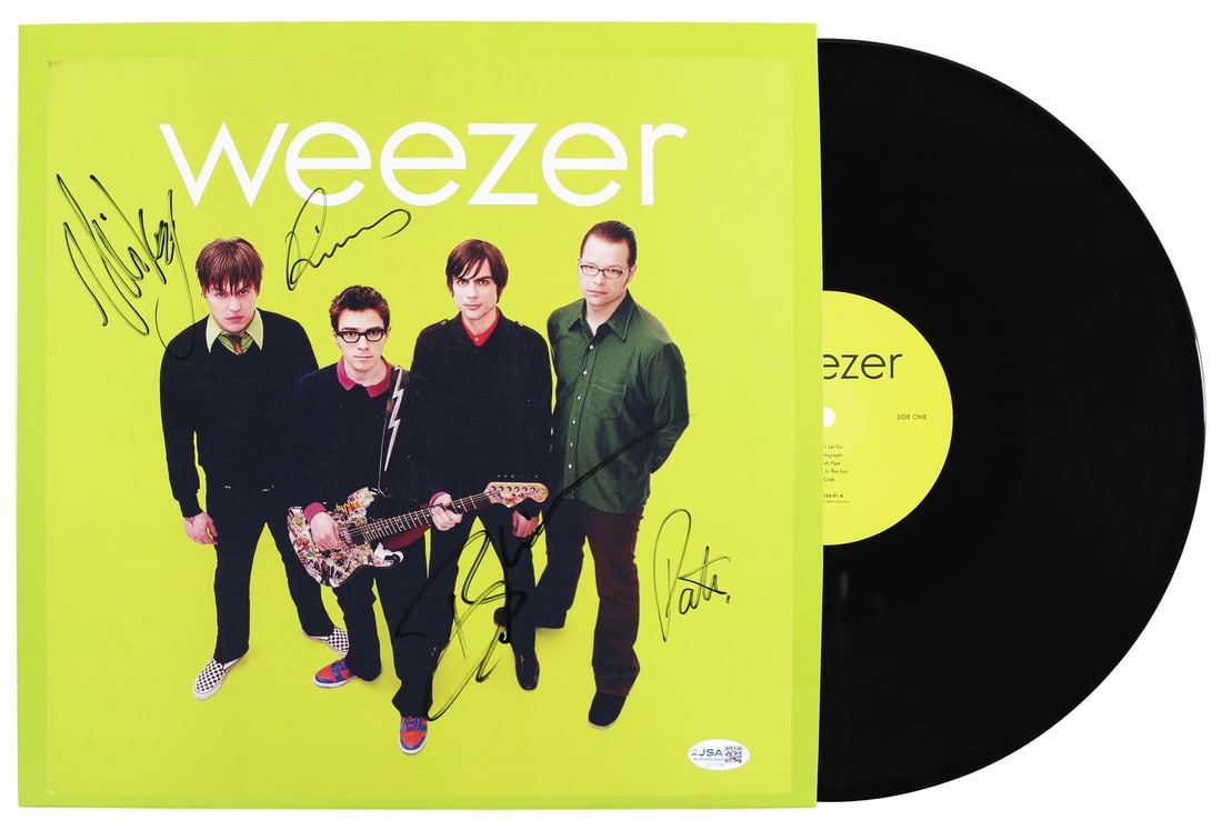 Weezer Green Album Flat Signed by 4 JSA COA: Weezer Green Album Flat Signed by 4 JSA COA This Green Album flat has been personally signed by Rivers Cuomo, Mikey Welsh, Brian Bell, and Patrick Wilson of Weezer. The item is an original and include