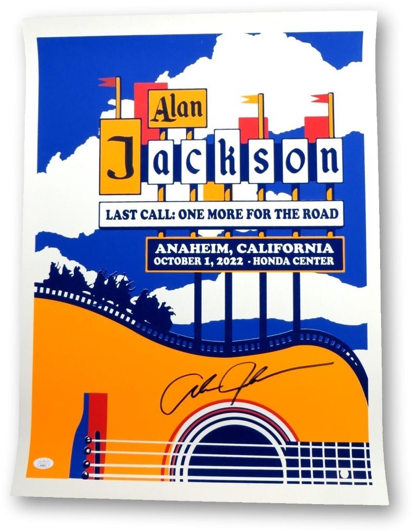 Alan Jackson Autographed 18x24 Poster JSA Authenticated 2022 Anaheim: Alan Jackson Autographed 18x24 Poster JSA Authenticated 2022 Anaheim This is an original, autographed 18X24 poster of Alan Jackson, authenticated by James Spence (JSA). The poster may exhibit minor co