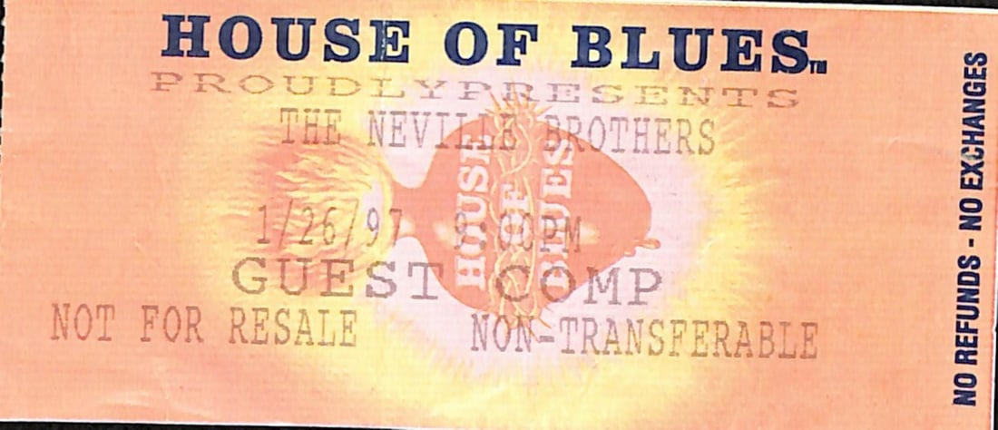 Ticket Stub Neville Brothers Live at House of Blues January 26 1997: Ticket Stub Neville Brothers Live at House of Blues January 26 1997 This is a pre-owned ticket stub from The Neville Brothers' performance at the House of Blues on January 26, 1997. It is an authentic