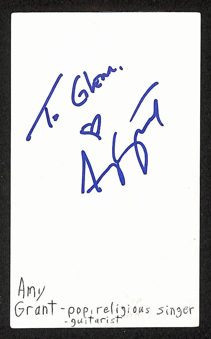 Amy Grant signed 3x5 index card JSA: Amy Grant signed 3x5 index card JSA This item is an original 3x5 index card autographed by musician Amy Grant. The signed card is accompanied by JSA authentication, ensuring its authenticity. The card