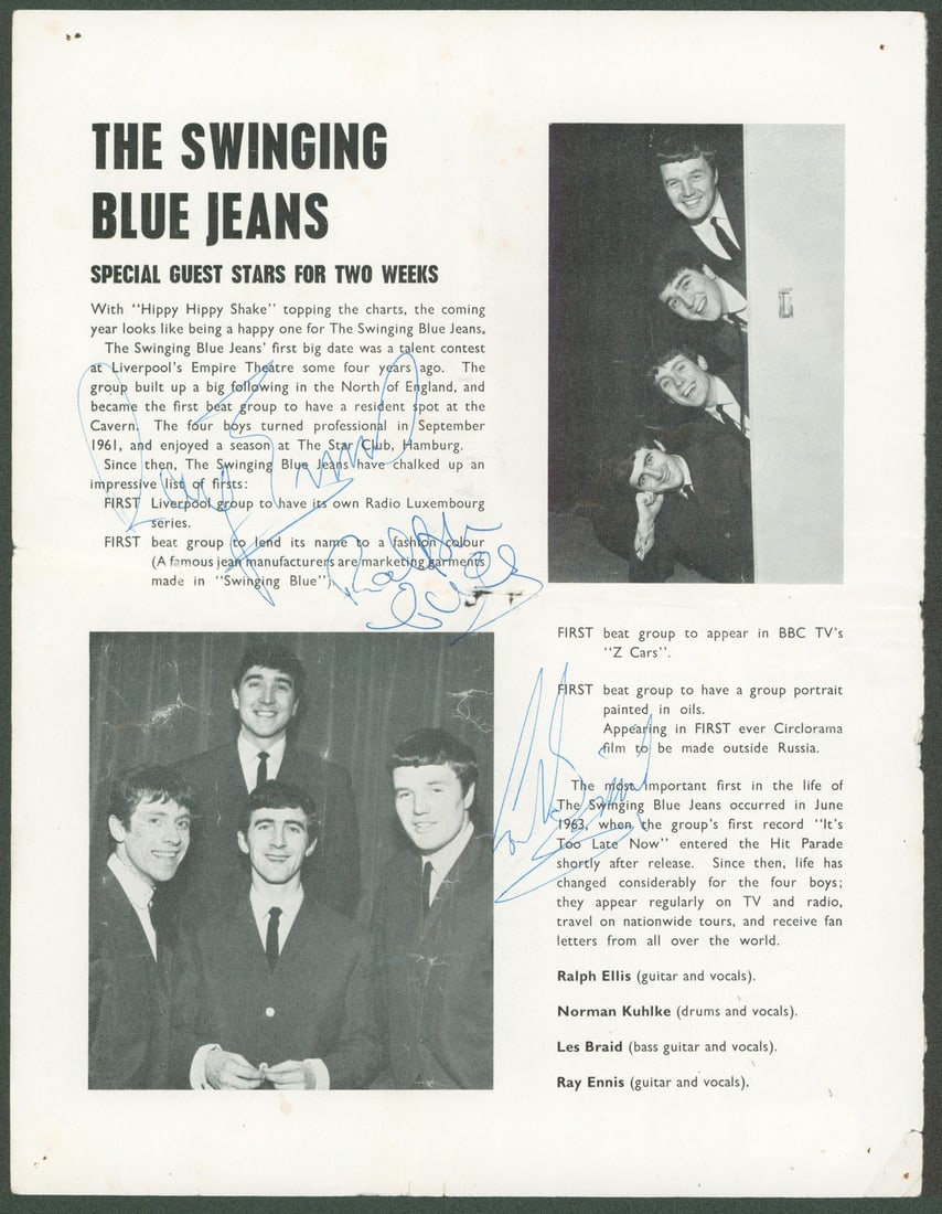 Swinging Blue Jeans Signed Magazine Page by Ellis Kuhlke Braid Ennis BAS COA: Swinging Blue Jeans Signed Magazine Page by Ellis Kuhlke Braid Ennis BAS COA This original 8.5x11 magazine page features the autographs of Ralph Ellis, Norman Kuhlke, Les Braid, and Ray Ennis, members