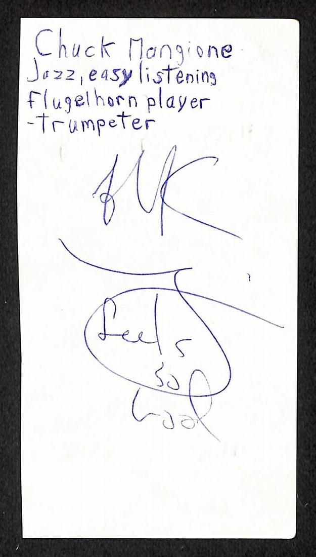 Chuck Mangione signed 3x5 index card JSA: Chuck Mangione signed 3x5 index card JSA This is an original 3x5 index card autographed by musician Chuck Mangione. The signed card comes with authentication from JSA (certification number BA209484). 