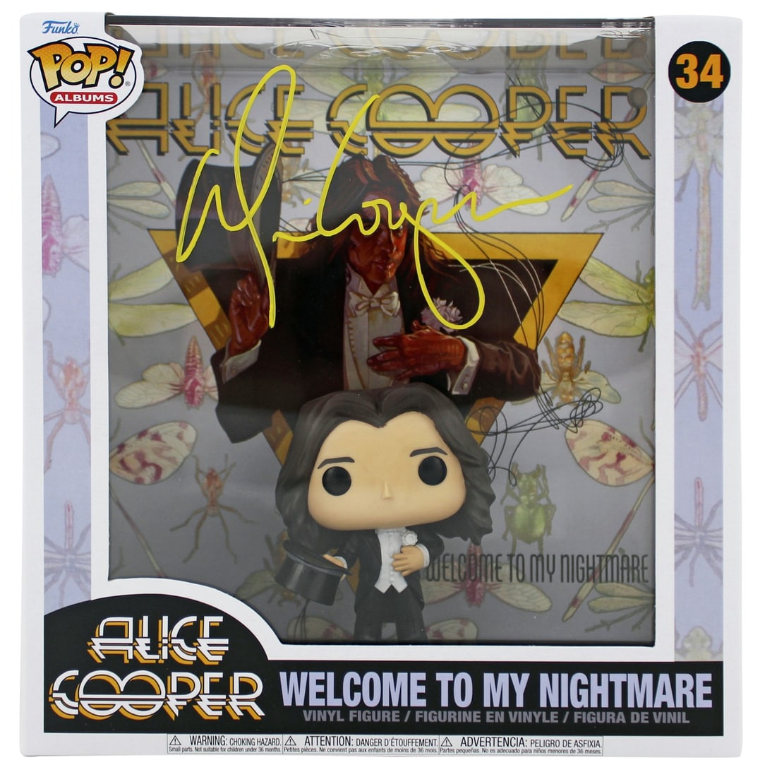 Alice Cooper Signed Funko Pop Vinyl Figure #34 with Yellow Signature BAS Authenticated: Alice Cooper Signed Funko Pop Vinyl Figure #34 with Yellow Signature BAS Authenticated This Alice Cooper Signed Funko Pop Vinyl Figure #34 features a vibrant yellow signature and is a must-have for mu