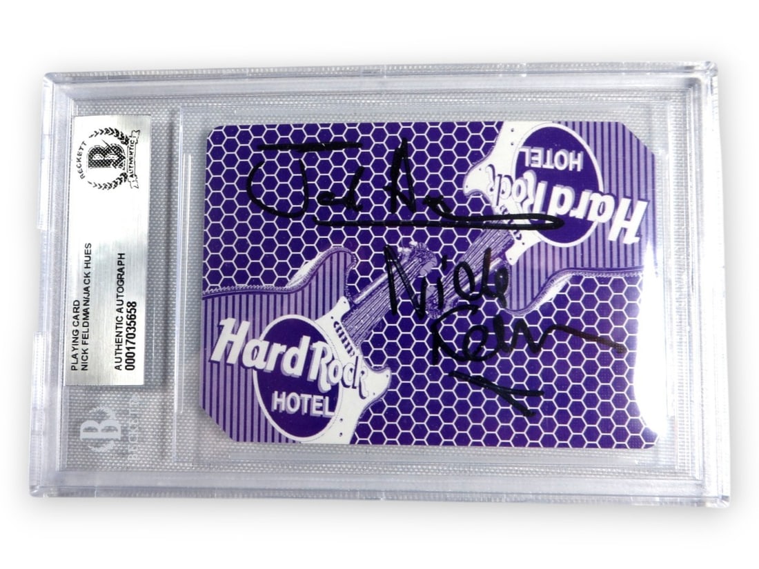 Nick Feldman Jack Hues Autographed Playing Card Beckett Authenticated: Nick Feldman Jack Hues Autographed Playing Card Beckett Authenticated This is an original autographed playing card featuring the signatures of Nick Feldman and Jack Hues from the iconic band Wang Chun