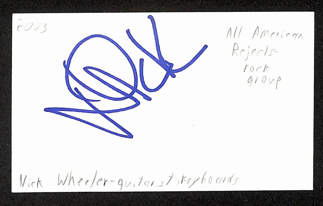Nick Wheeler Signed 3x5 Index Card JSA BA209509 All-American Rejects: Nick Wheeler Signed 3x5 Index Card JSA BA209509 All-American Rejects This is a Nick Wheeler autographed 3x5 index card, featuring his signature as a member of the All-American Rejects. The autograph i