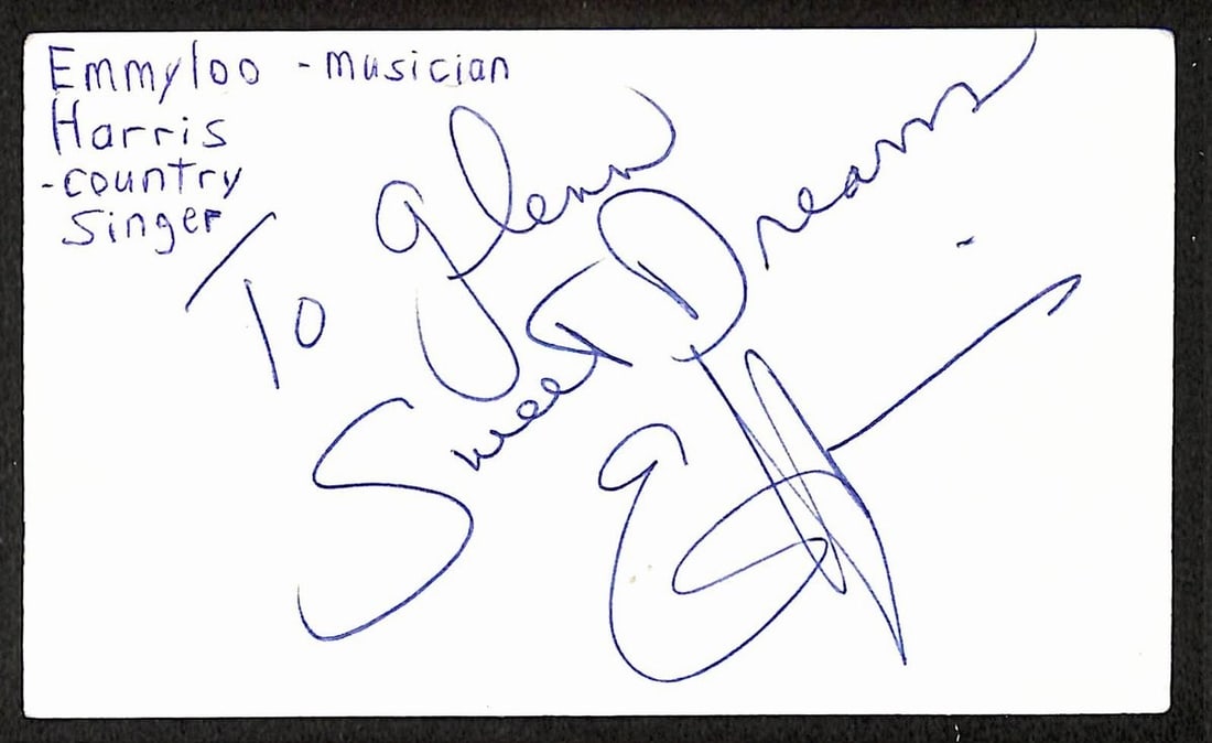 Emmylou Harris signed 3x5 index card JSA: Emmylou Harris signed 3x5 index card JSA This is an original 3x5 index card autographed by musician Emmylou Harris. The item has been authenticated by JSA (certification number BA209518). It is a pre-