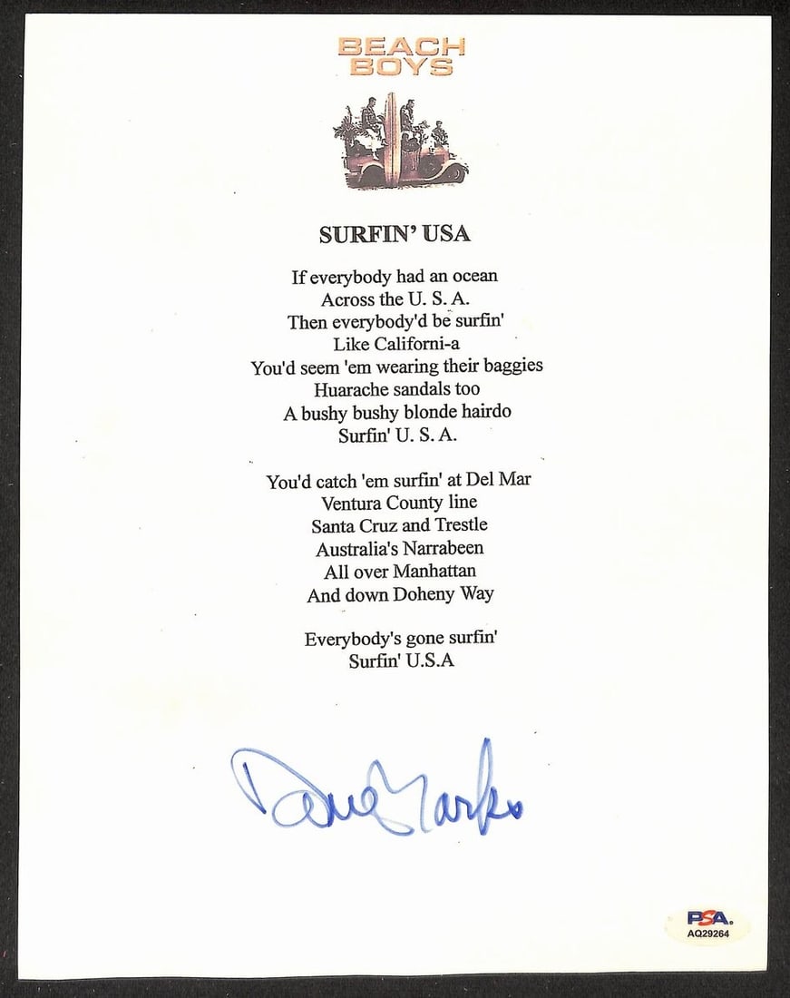Surfin USA Lyrics Sheet Signed by Dave Marks with PSA/DNA Authentication (1 of 1)