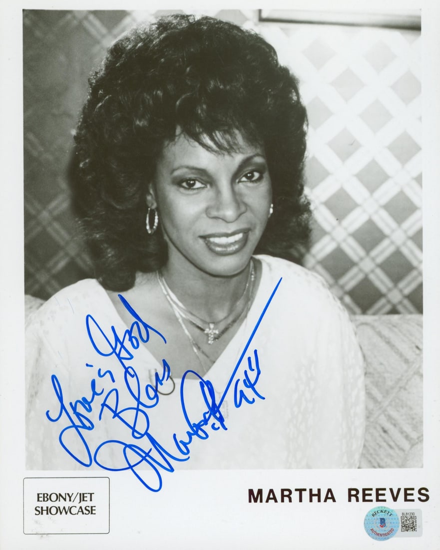 Martha Reeves Signed 8x10 Photo with Loves' God Bless BAS Authentication: Martha Reeves Signed 8x10 Photo with Loves' God Bless BAS Authentication This beautifully autographed 8x10 photograph features Martha Reeves, the renowned R&B and Pop musician, with the heartfelt insc