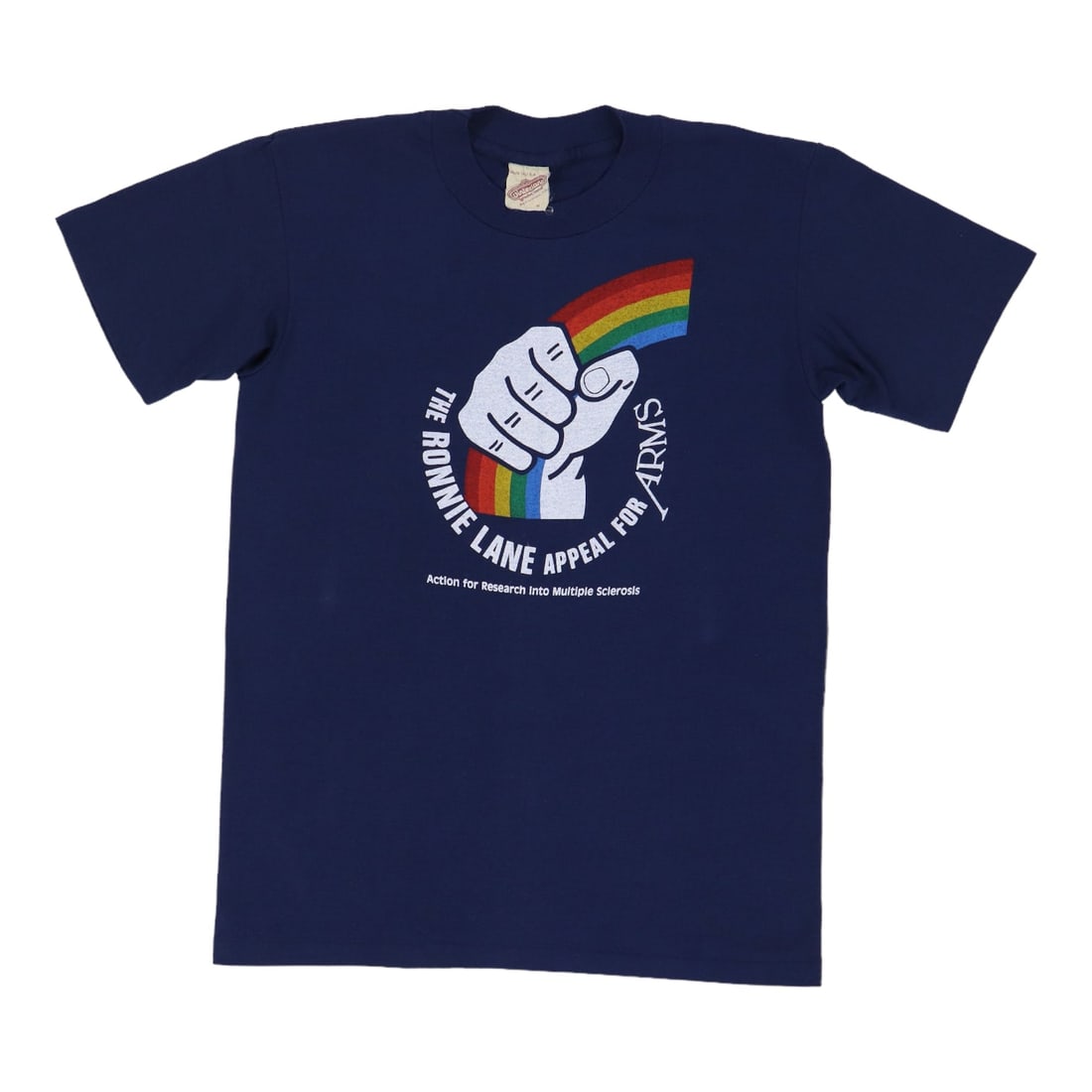 Vintage 1983 Ronnie Lane Arms Concert Blue Poly Cotton T Shirt Medium: Vintage 1983 Ronnie Lane Arms Concert Blue Poly Cotton T Shirt Medium This is an original vintage 1983 Ronnie Lane Arms Benefit shirt featuring front and back graphics. It is not a modern reproduction