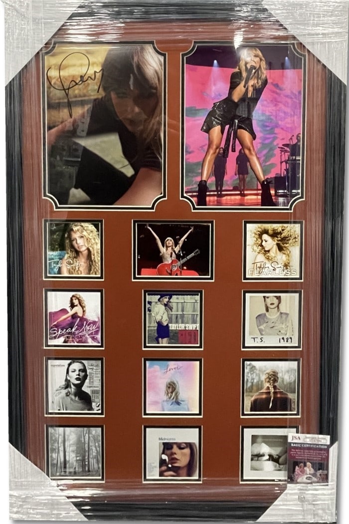 Taylor Swift Signed 8x10 Photo Custom Frame JSA Certified: Taylor Swift Signed 8x10 Photo Custom Frame JSA Certified This custom framed 8x10 photo of Taylor Swift, featuring her autograph, is a must-have for fans. The frame measures 22x34 inches and showcases