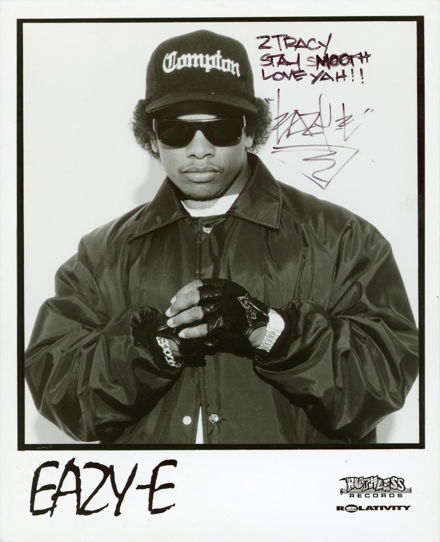 Signed Eazy-E N.W.A 8x10 Ruthless Records Promo Photo JSA: Signed Eazy-E N.W.A 8x10 Ruthless Records Promo Photo JSA This is an original 8x10 promotional photograph from Ruthless Records, personally signed by Eazy-E of N.W.A. The photo features the inscriptio
