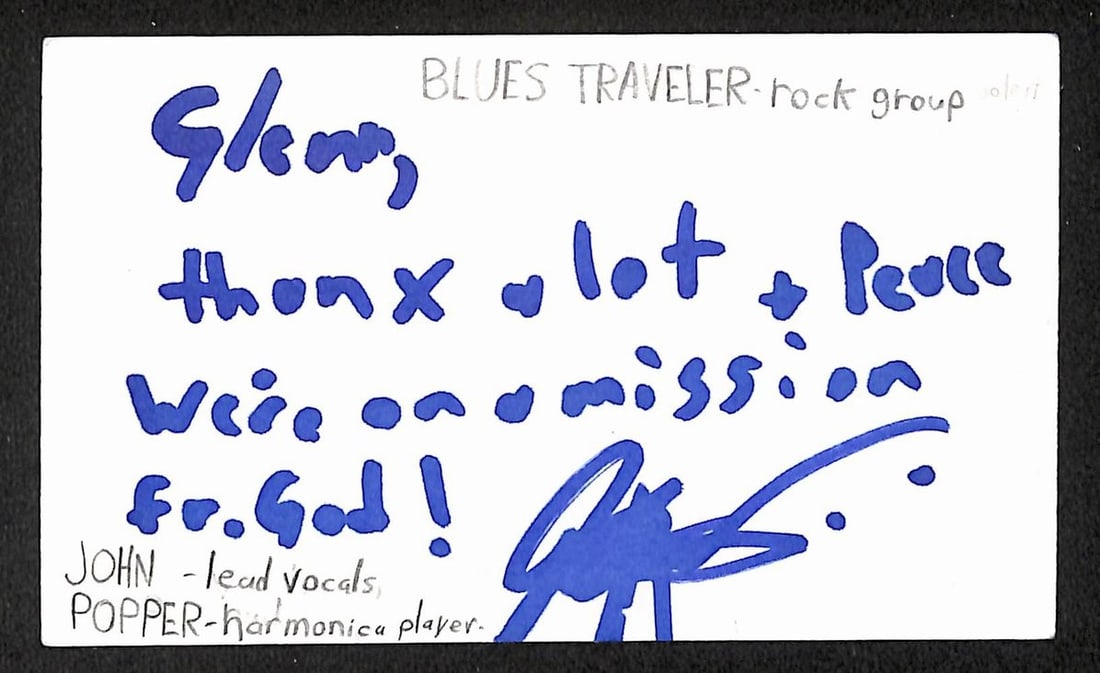 Signed John Popper Blues Traveler 3x5 Index Card JSA BA209533 (1 of 2)