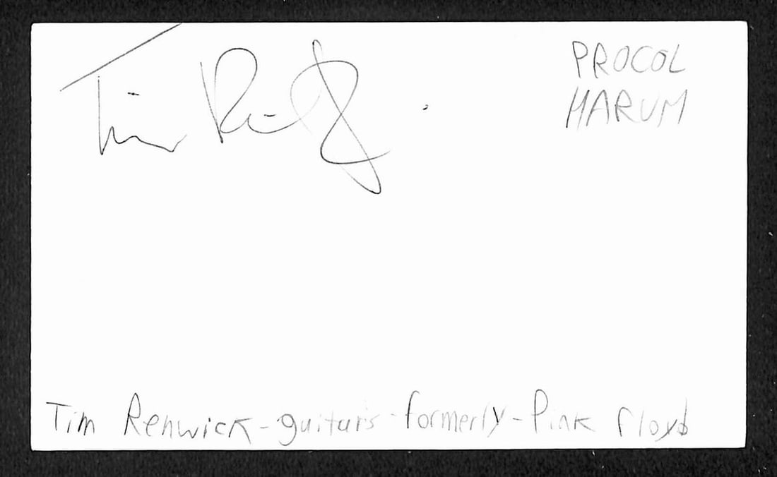 Tim Renwick signed 3x5 index card JSA BA209476: Tim Renwick signed 3x5 index card JSA BA209476 This is a 3x5 index card autographed by musician Tim Renwick. The item is an original and comes with authentication as referenced by JSA BA209476. The ca