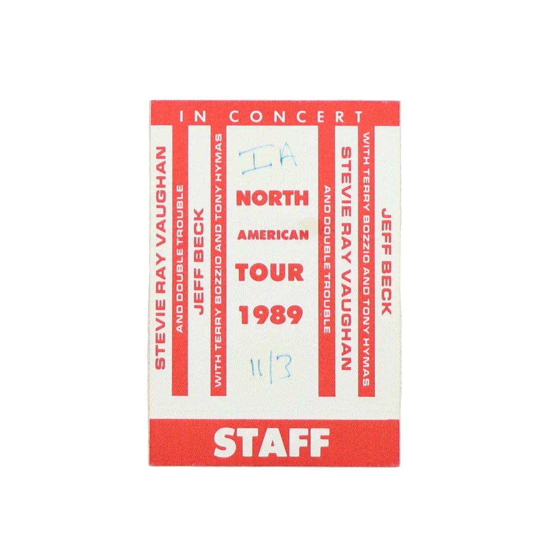 Vintage 1989 Staff Pass Stevie Ray Vaughan Jeff Beck North American Tour: Vintage 1989 Staff Pass Stevie Ray Vaughan Jeff Beck North American Tour This is an original 1989 North American Tour staff backstage pass for Stevie Ray Vaughan and Jeff Beck. The pass is a true vint