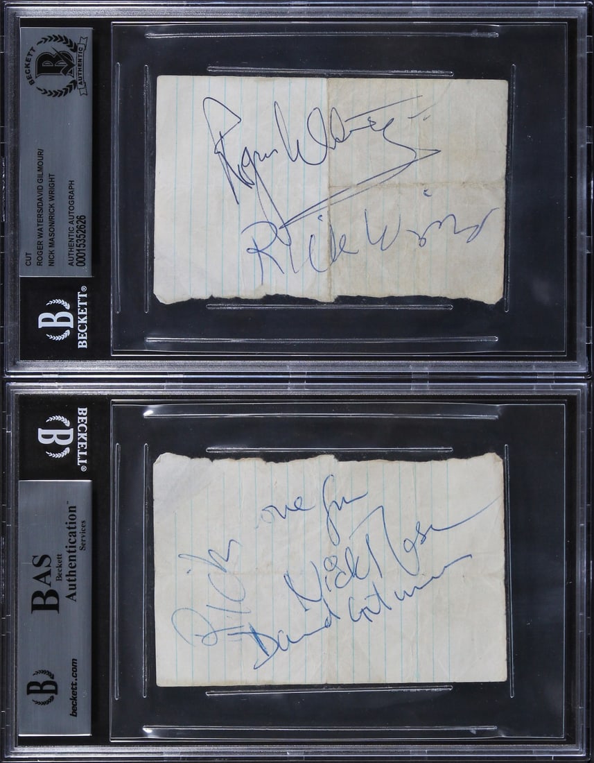 Pink Floyd Signed Cut Signature by Gilmour Waters Wright Mason Beckett Authenticated 2.75x4.25: Pink Floyd Signed Cut Signature by Gilmour Waters Wright Mason Beckett Authenticated 2.75x4.25 This is an authentic cut signature from iconic rock band Pink Floyd, featuring the signatures of band mem