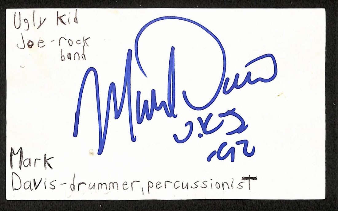 Mark Davis signed 3x5 index card JSA BA209463 Ugly Kid Joe drummer: Mark Davis signed 3x5 index card JSA BA209463 Ugly Kid Joe drummer This is an original 3x5 index card autographed by Mark Davis, known as the drummer for Ugly Kid Joe. The signed card comes with JSA a
