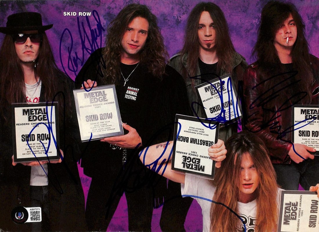 Beckett Authenticated Skid Row Signed 8.5 x 11 Magazine Photo: Beckett Authenticated Skid Row Signed 8.5 x 11 Magazine Photo This is a vibrant 8.5 x 11 inch magazine photograph featuring the full classic lineup of Skid Row, signed by Sebastian Bach, Rob Affuso,